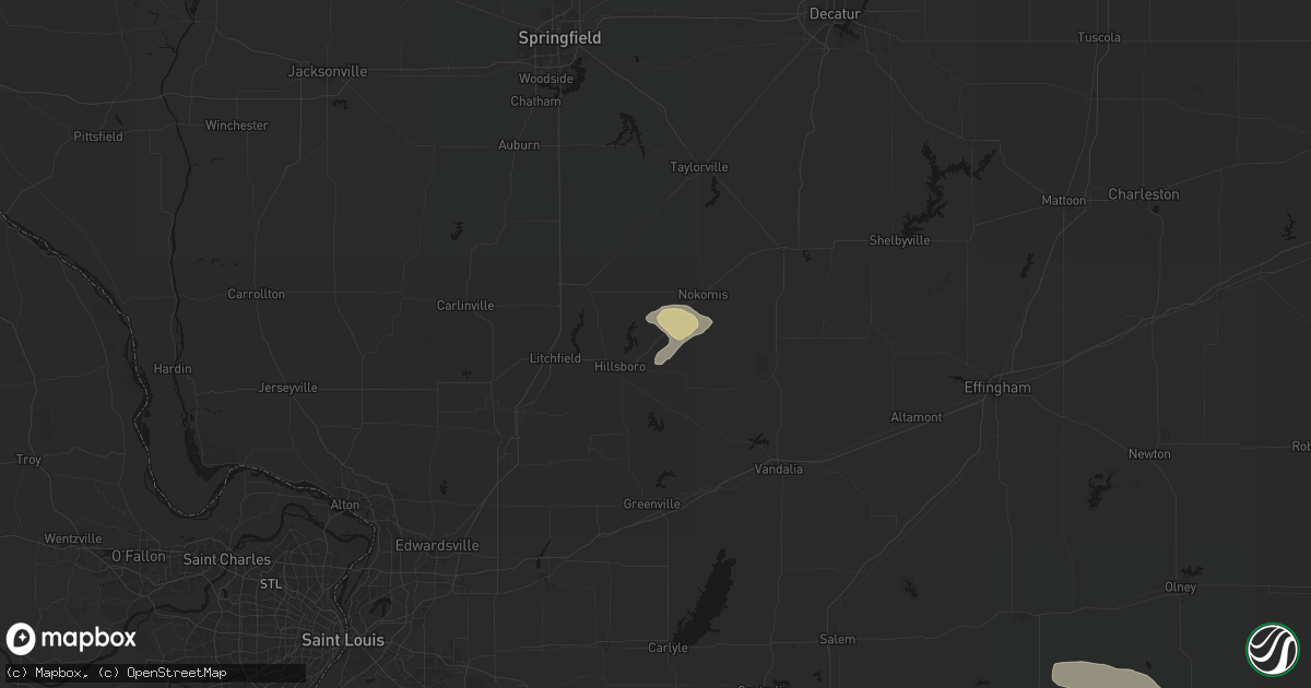 Hail map in Irving, IL on July 9, 2026
