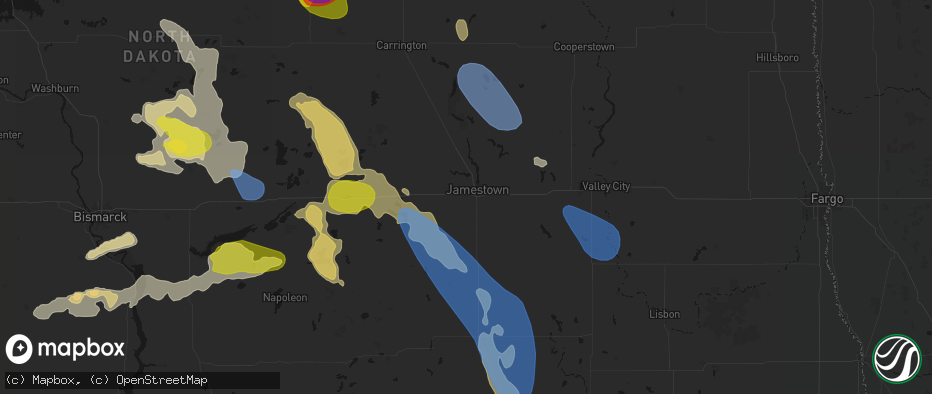 Hail map in Jamestown, ND on July 9, 2026