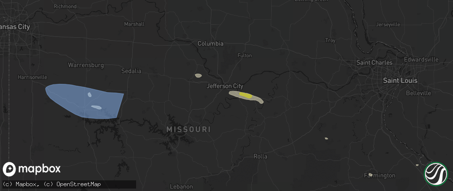 Hail map in Jefferson City, MO on July 9, 2026