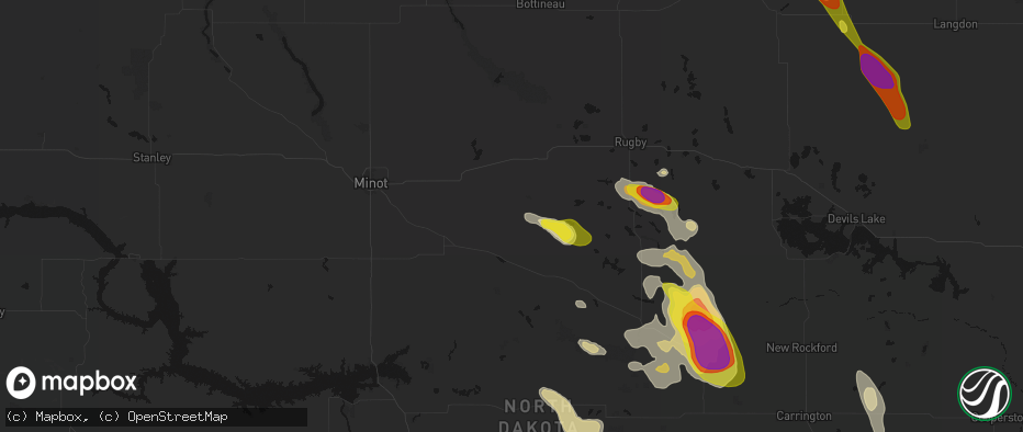 Hail map in Karlsruhe, ND on July 9, 2026