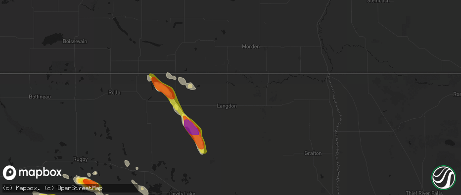Hail map in Langdon, ND on July 9, 2026