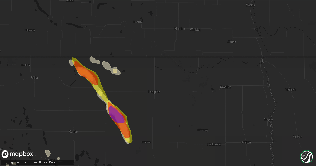 Hail map in Langdon, ND on July 9, 2026