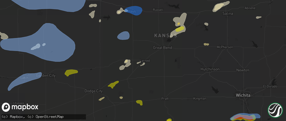 Hail map in Larned, KS on July 9, 2026