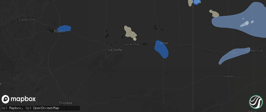 Hail map in Las Animas, CO on July 9, 2026