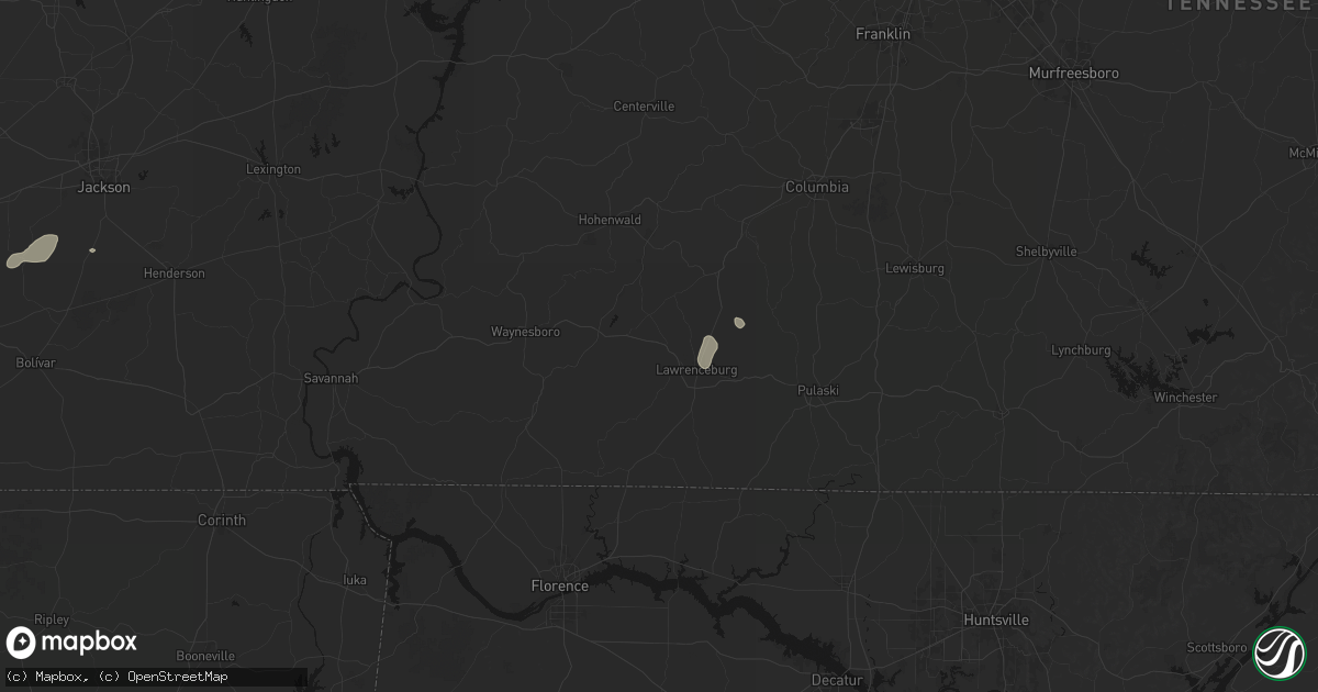 Hail map in Lawrenceburg, TN on July 9, 2026