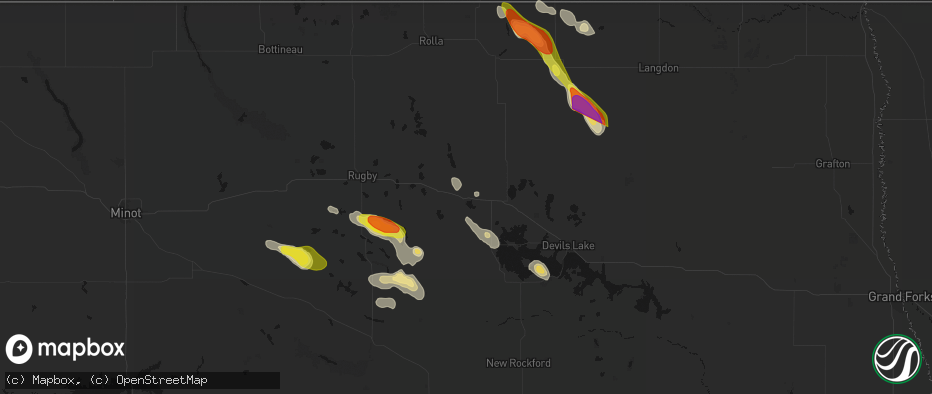 Hail map in Leeds, ND on July 9, 2026