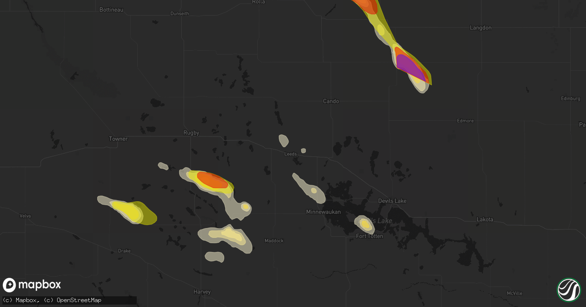Hail map in Leeds, ND on July 9, 2026