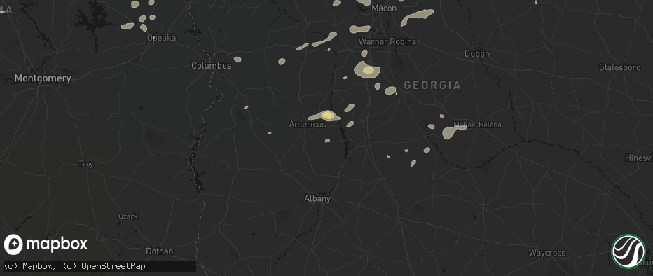 Hail map in Leslie, GA on July 9, 2026