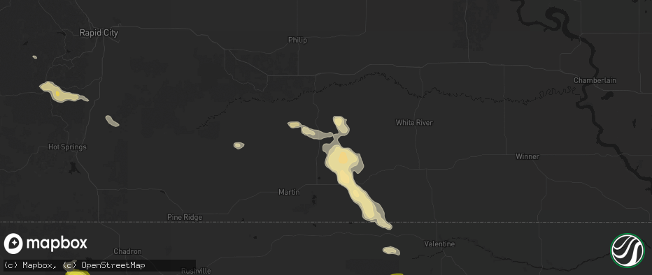 Hail map in Long Valley, SD on July 9, 2026