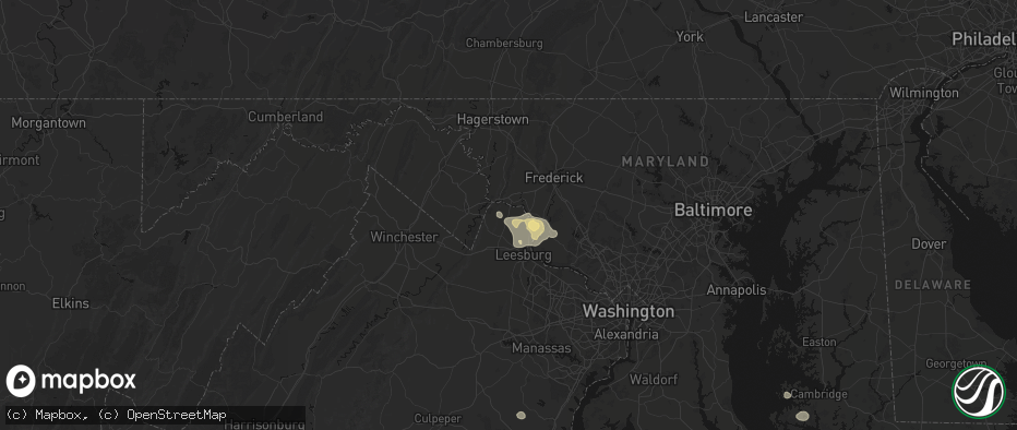 Hail map in Lovettsville, VA on July 9, 2026