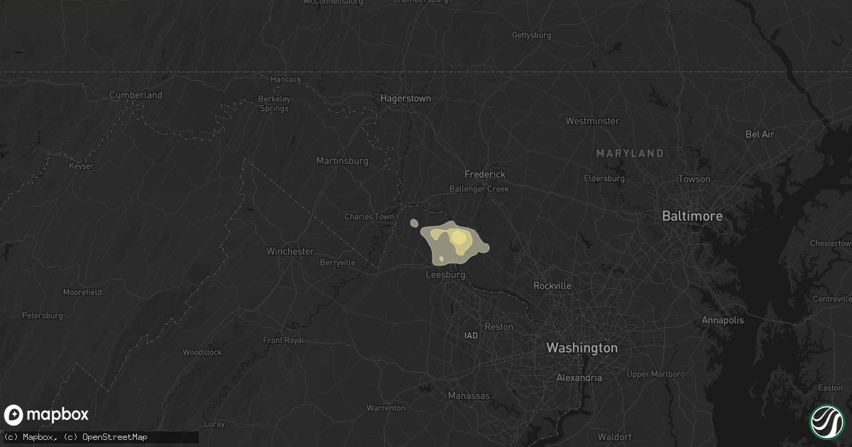 Hail map in Lovettsville, VA on July 9, 2026