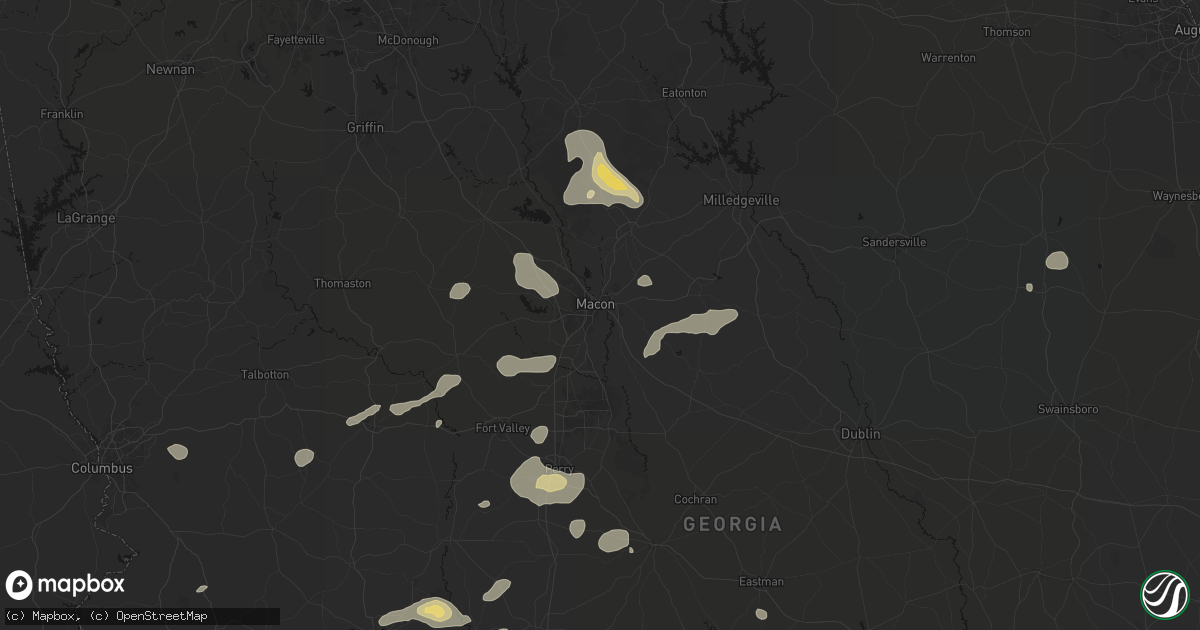 Hail map in Macon, GA on July 9, 2026
