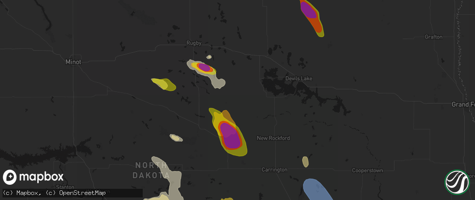 Hail map in Maddock, ND on July 9, 2026