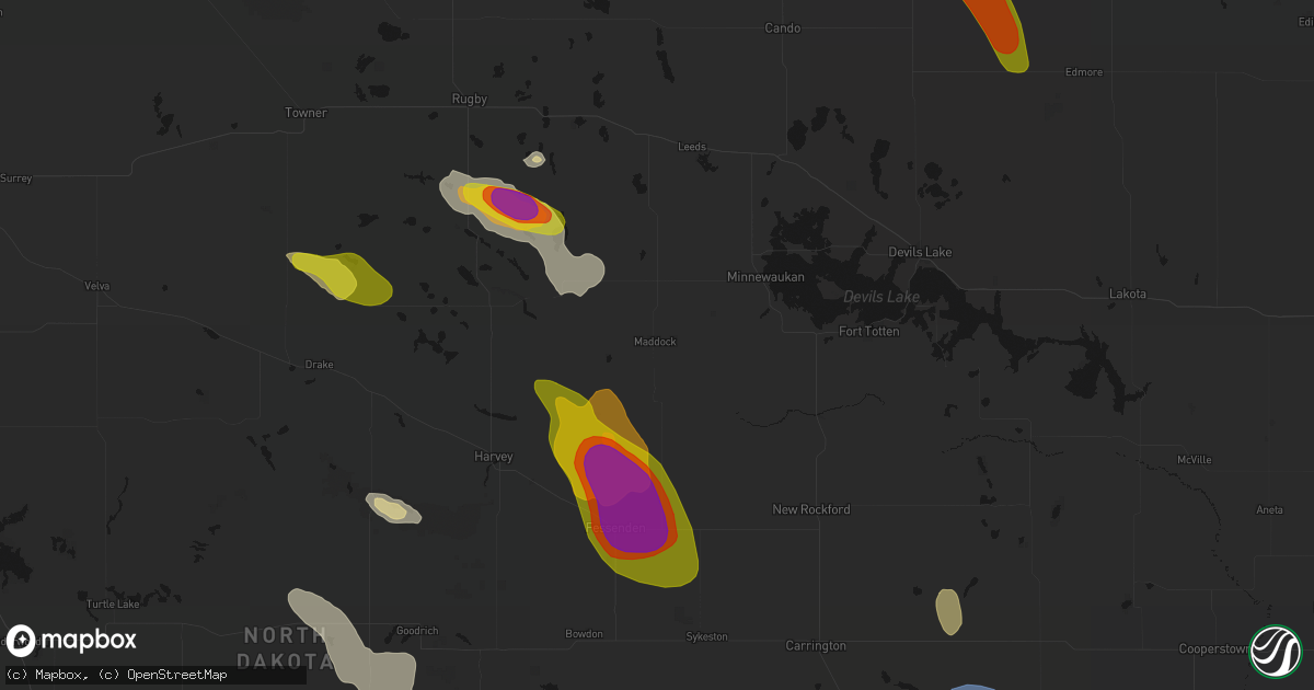 Hail map in Maddock, ND on July 9, 2026