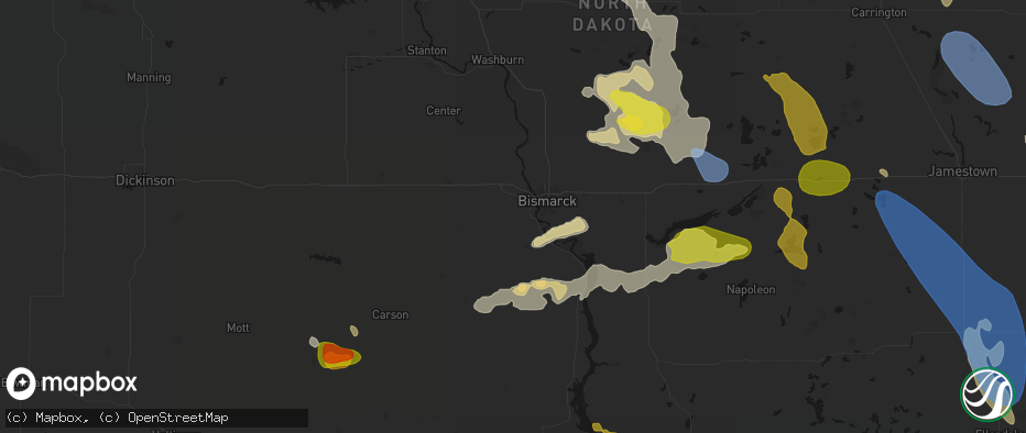 Hail map in Mandan, ND on July 9, 2026
