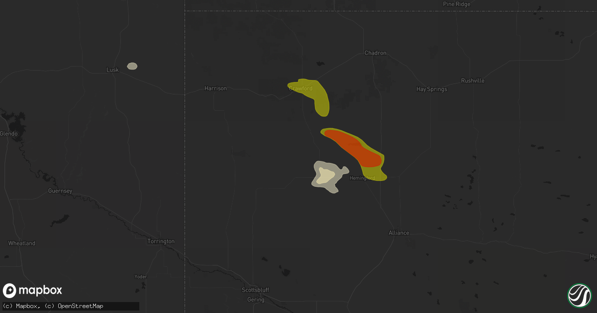 Hail map in Marsland, NE on July 9, 2026