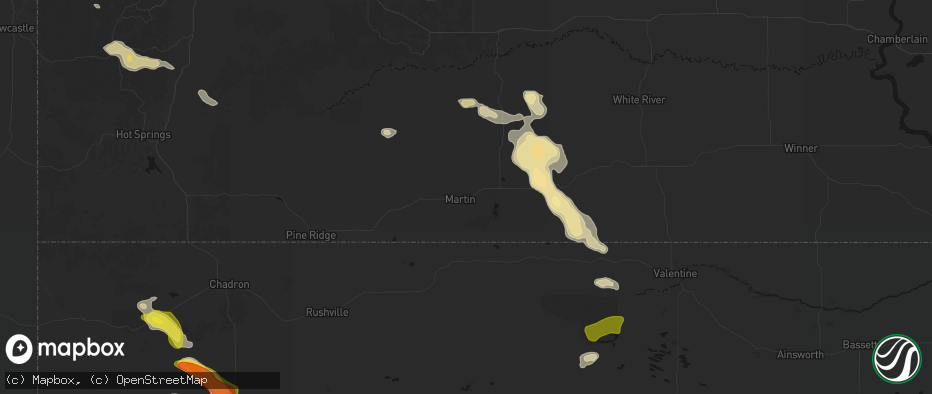 Hail map in Martin, SD on July 9, 2026