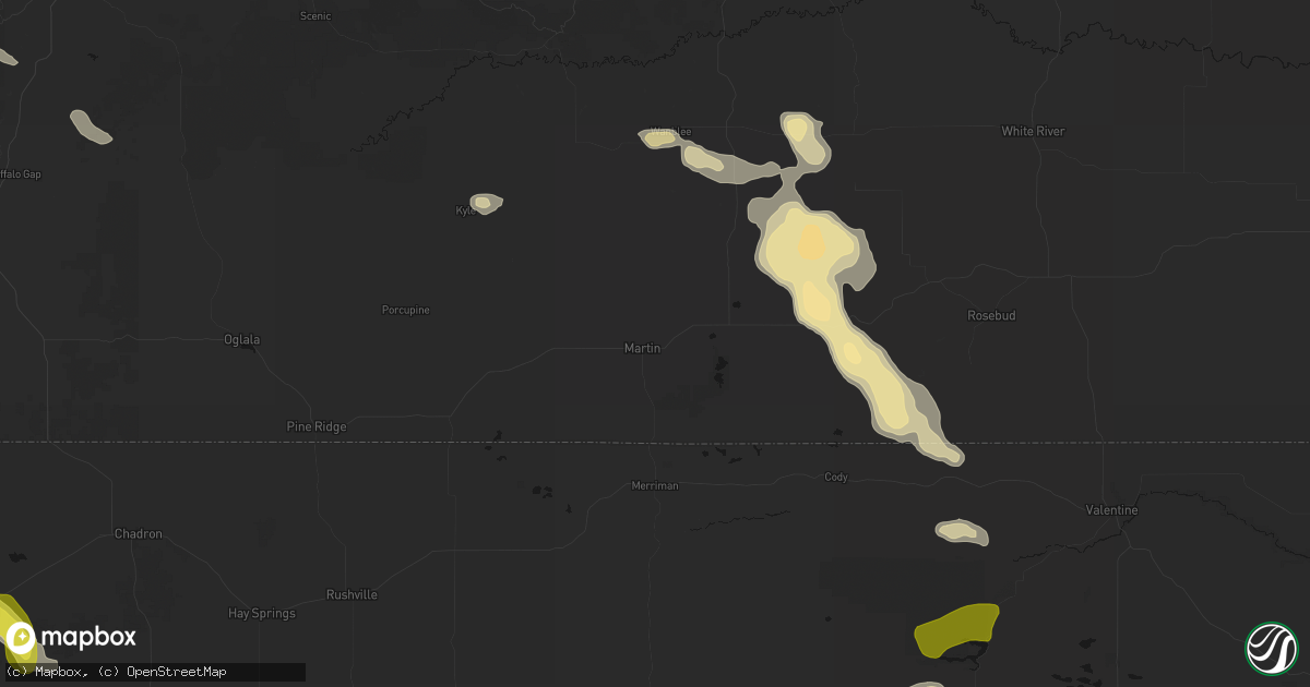 Hail map in Martin, SD on July 9, 2026