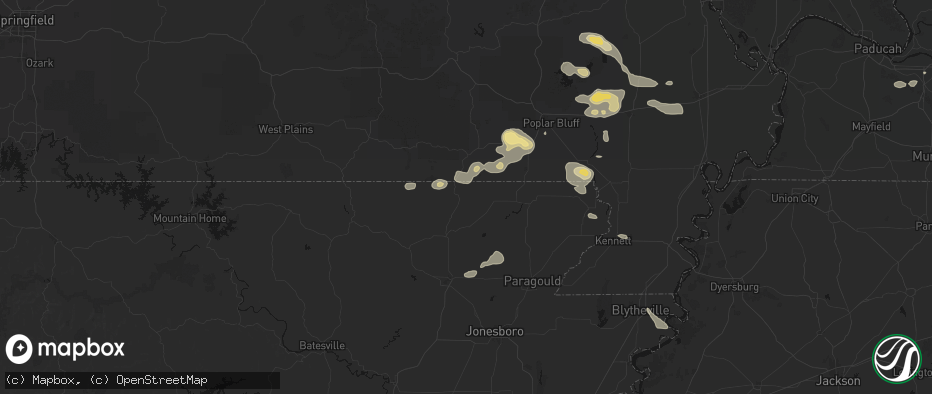 Hail map in Maynard, AR on July 9, 2026