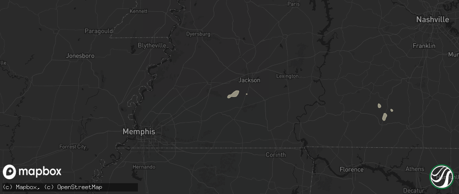Hail map in Mercer, TN on July 9, 2026