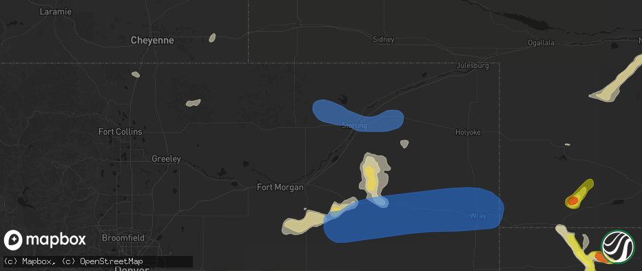 Hail map in Merino, CO on July 9, 2026
