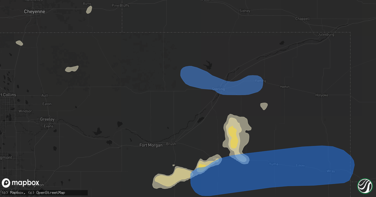 Hail map in Merino, CO on July 9, 2026