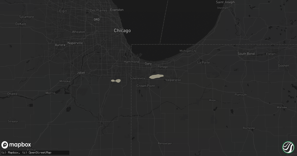 Hail map in Merrillville, IN on July 9, 2026