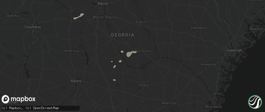 Hail map in Milan, GA on July 9, 2026