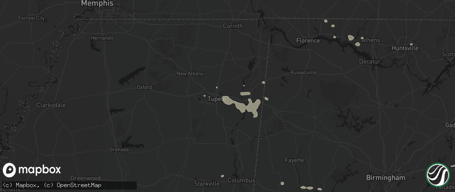 Hail map in Mooreville, MS on July 9, 2026