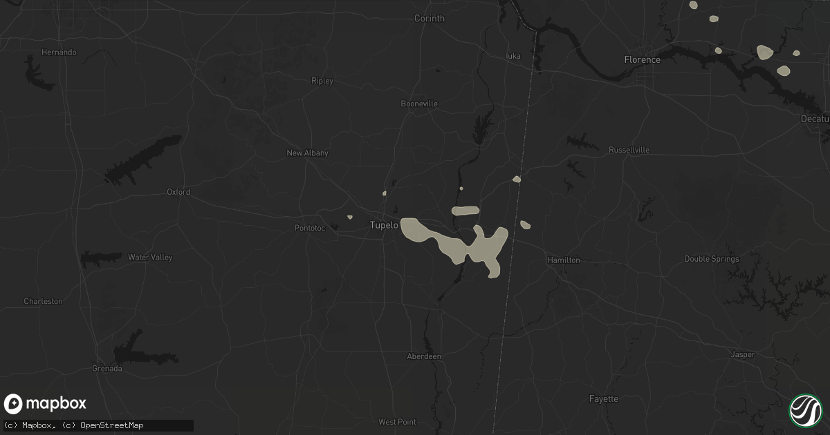 Hail map in Mooreville, MS on July 9, 2026