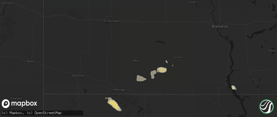 Hail map in Mott, ND on July 9, 2026