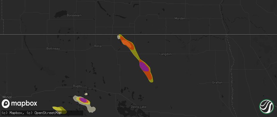 Hail map in Munich, ND on July 9, 2026