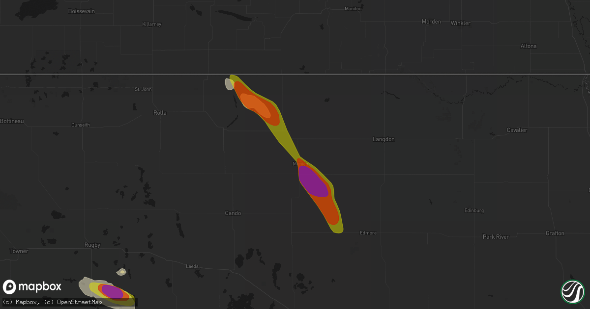 Hail map in Munich, ND on July 9, 2026