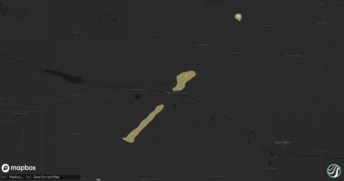 Hail map in North Platte, NE on July 9, 2026