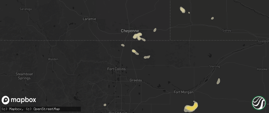 Hail map in Nunn, CO on July 9, 2026
