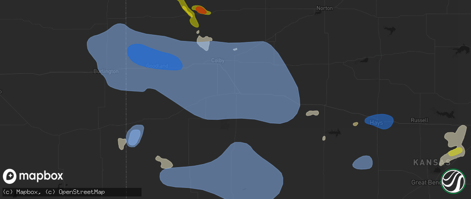 Hail map in Oakley, KS on July 9, 2026