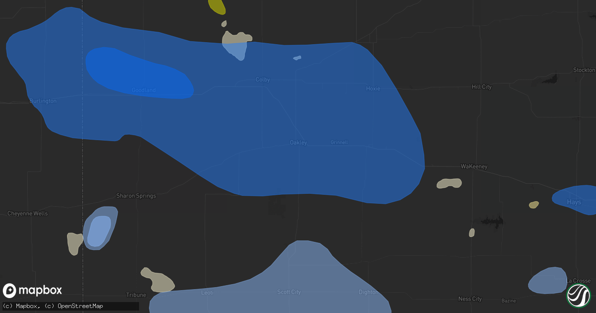 Hail map in Oakley, KS on July 9, 2026