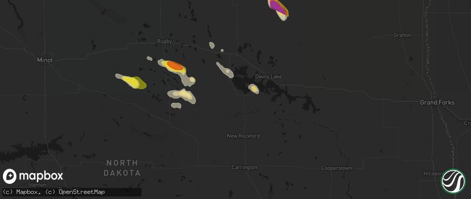 Hail map in Oberon, ND on July 9, 2026