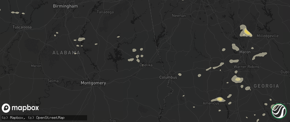 Hail map in Opelika, AL on July 9, 2026