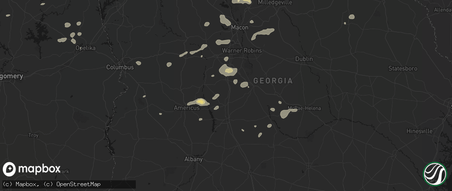 Hail map in Pinehurst, GA on July 9, 2026
