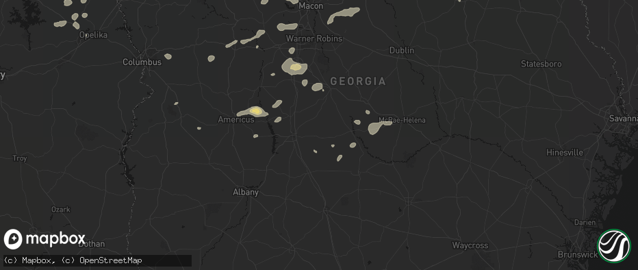 Hail map in Pitts, GA on July 9, 2026