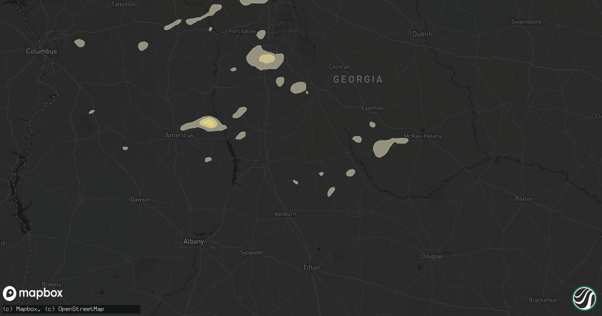 Hail map in Pitts, GA on July 9, 2026