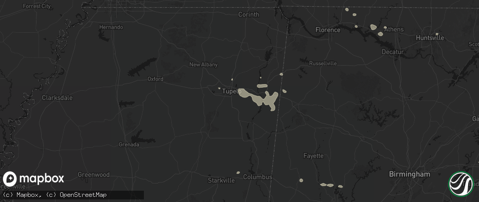 Hail map in Plantersville, MS on July 9, 2026