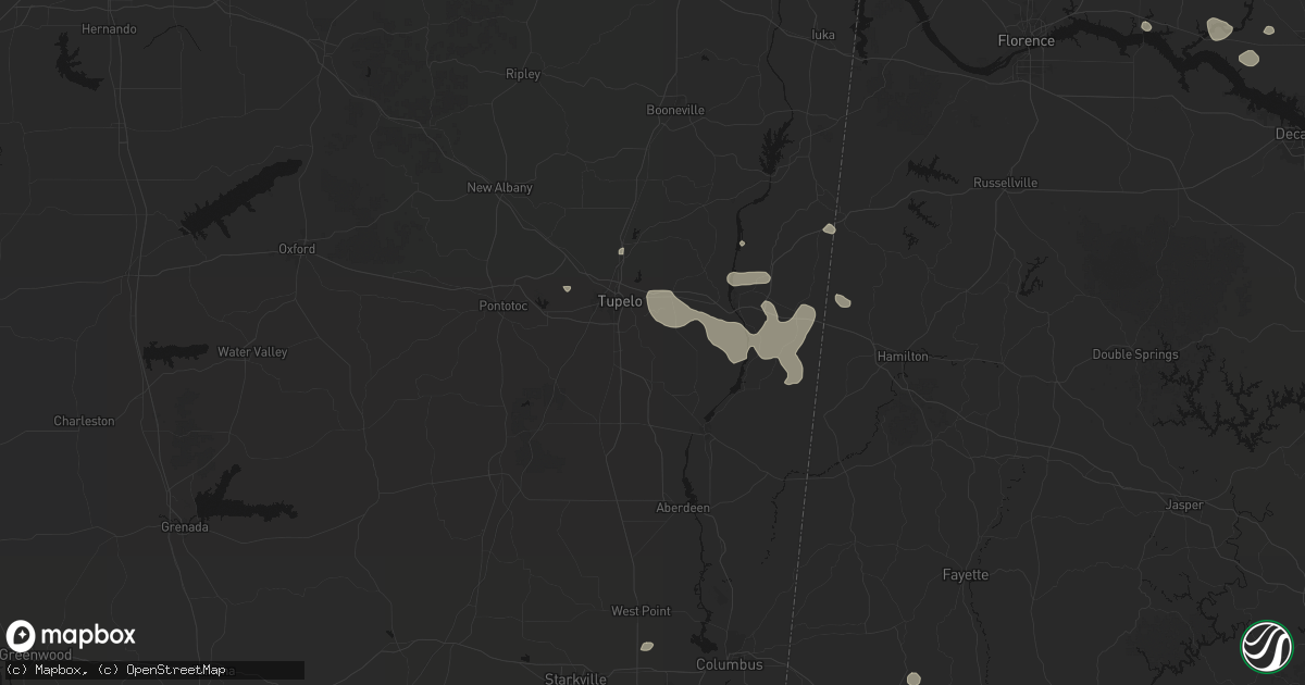 Hail map in Plantersville, MS on July 9, 2026
