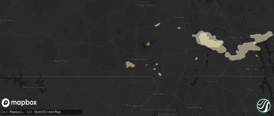 Hail map in Poplar Bluff, MO on July 9, 2026