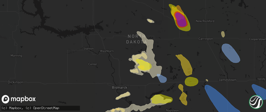 Hail map in Regan, ND on July 9, 2026