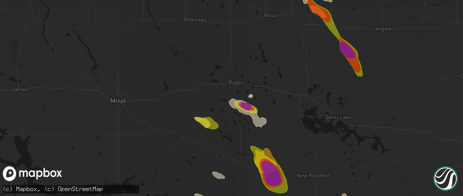 Hail map in Rugby, ND on July 9, 2026