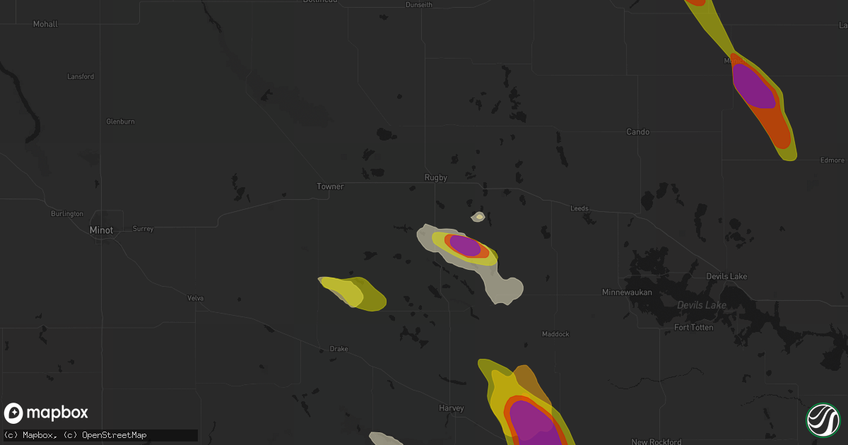 Hail map in Rugby, ND on July 9, 2026