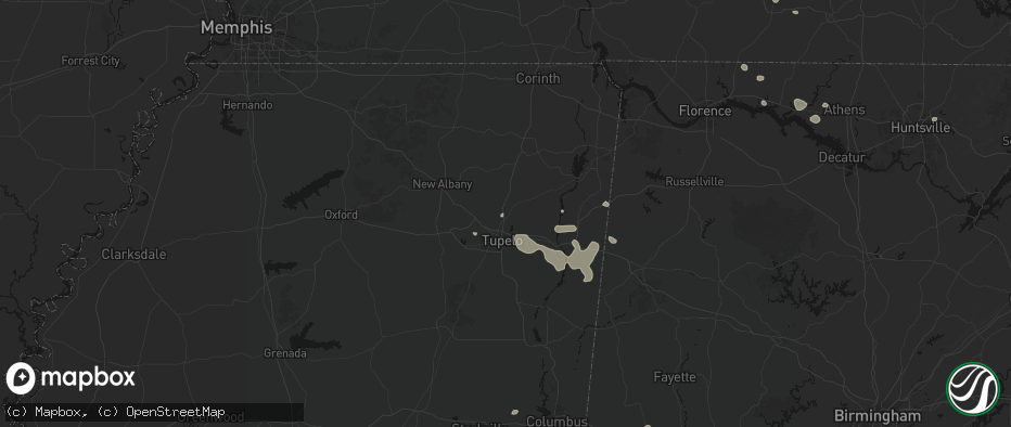 Hail map in Saltillo, MS on July 9, 2026