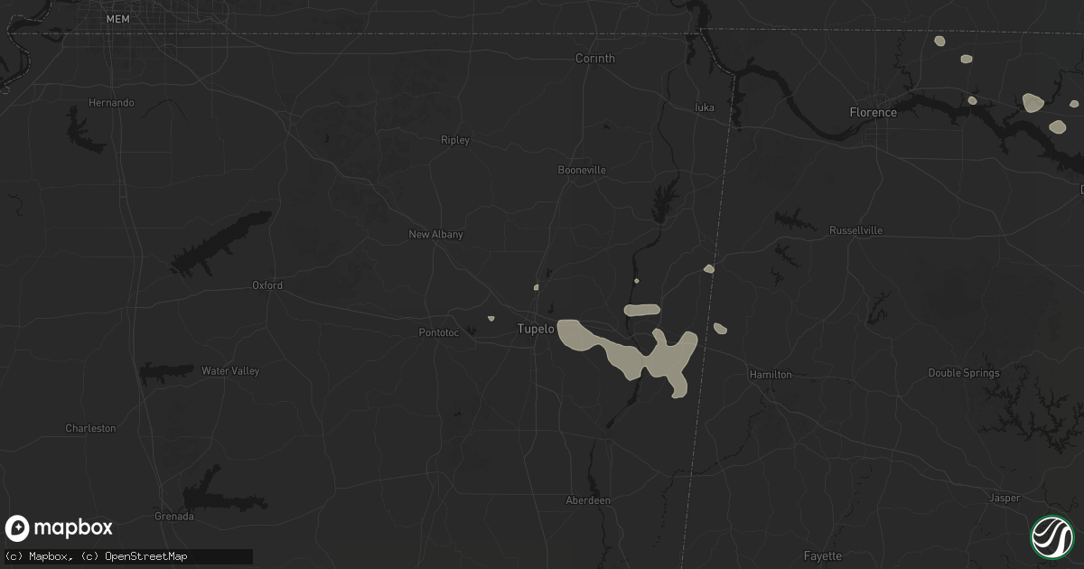 Hail map in Saltillo, MS on July 9, 2026